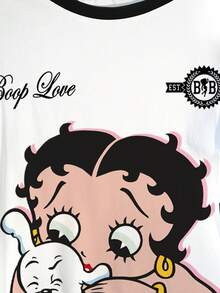 Betty Boop x SHEIN Plus Size Summer Casual Letter & Cartoon Graphic Round Neck Short Sleeve T-Shirt - White - View 4