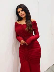 Hindelle Vestido longo feminino elegante cor sólida plissado ombro de fora manga comprida bainha rabo de peixe - Borgonha - Ver 6