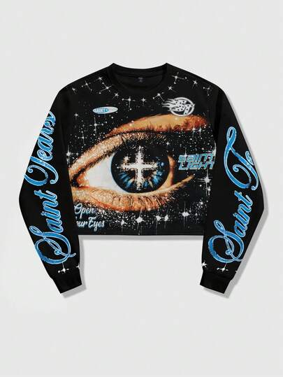 Street Life ملابس علوية كاجوال بياقة طاقم وأكمام طويلة بسحاب، تي شيرت بطباعة جرافيك بطراز الشارع