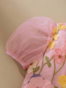 SHEIN 女童3D刺绣薄纱泡泡裙 - 粉色 - 查看 8