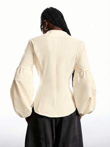 LYSMO 新款简约女士秋冬纯色荷叶边泡泡袖时尚衬衫，灯笼袖衬衫，泡泡袖衬衫，杏色衬衫，优雅杏色长袖衬衫，女士优雅衬衫 - 杏色 - 查看 2