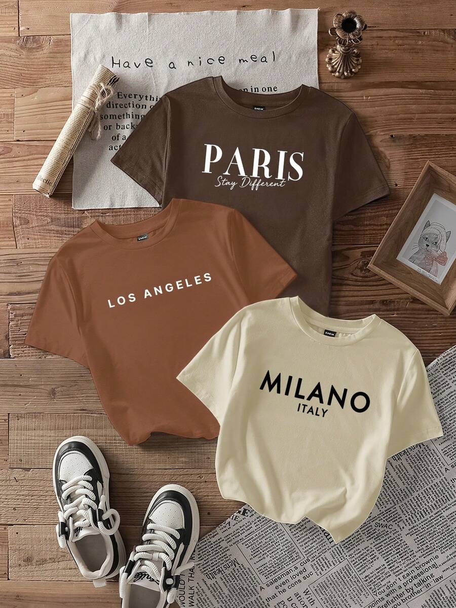 SHEIN EZwear Bộ 3 áo thun nữ dáng ngắn, cổ tròn, tay ngắn, in họa tiết tiếng Anh, phong cách tối giản, thường ngày. - Nhiều màu - Xem 1
