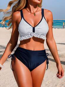 Swim Lushoire 2pcs/Set Fashionable Mature Ruffled Drawstring Striped Women Summer Camisole And Bikini Top - Multicolor - View 4