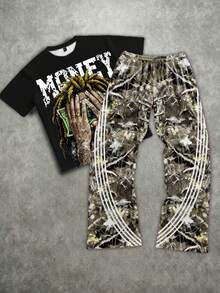 SHEIN 青少年男孩Y2K休闲短袖上衣和喇叭裤套装，街头朋克摇滚学院风，适合日常、派对、春夏穿着 - 彩色 - 查看 2