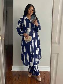 SHEIN Lady CURVE 春夏秋冬休闲优雅黑色梭织衬衫领主教袖带口袋长袖大码套装，春夏优雅通勤办公大码套装，女士夏季服装度假服装，女士度假两件套，两件套夏季服装 - 藏蓝色 - 查看 3