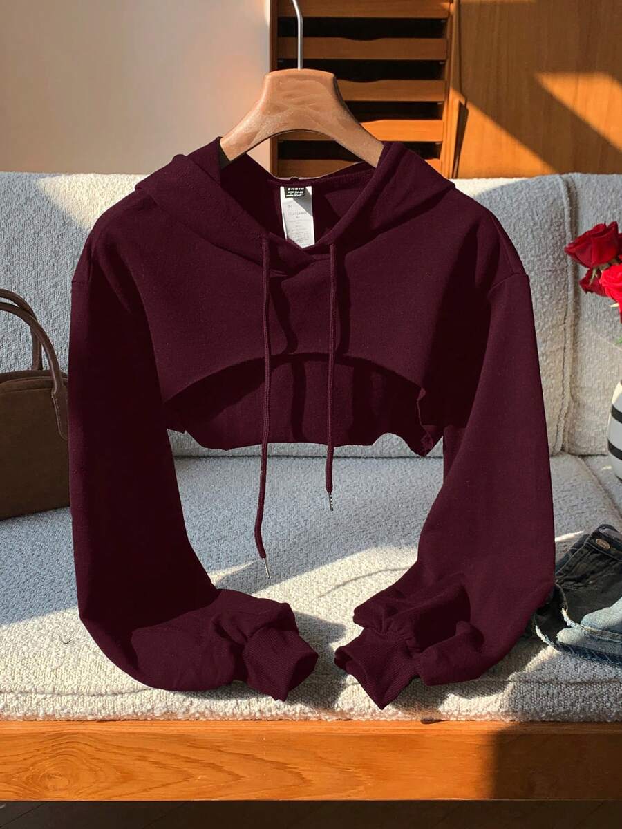 SHEIN EZwear 抽绳细节超短款卫衣 - 黑白配色，秋冬季长袖上衣 - 酒紅色 - 查看 1