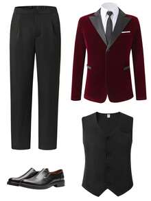 SHEIN 3 件青少年男孩绅士西装套装：酒红色天鹅绒领修身单排扣西装外套 + 黑色修身背心 + 黑色西裤。优雅休闲的户外正式服装，适合生日派对、晚会、表演、主持、婚礼季节（生日、婚礼、婚礼嘉宾、花童、戒童） - 彩色 - 查看 3