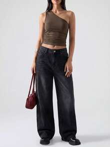 SHEIN EZwear Retro Style Brown Grunge One Shoulder Crop Top - Brown - View 4