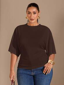 SHEIN BAE Áo thun crop top nữ cỡ lớn phong cách tối giản Y2K mùa hè, cơ bản, thoải mái, thích hợp mặc hàng ngày, đi học, phong cách đường phố, co giãn, dáng rộng, xếp ly. - Cà phê nâu - Xem 3