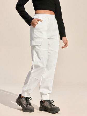 Exploreva Women's Solid Color Elastic Waist Slant Pocket Sweatpants, Outdoor Casual