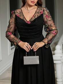 SHEIN Clasi 大码女士浪漫优雅花卉拼接垂褶领长袖收腰长裙，高品质亮面面料，黑色正式连衣裙，优雅连衣裙，女士秋季服装，女士冬季服装，秋冬装 - 黑色 - 查看 11