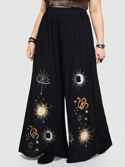 Gothic Star, Moon, Snake Skin Eye Print Black Wide Leg Pants, Casual Loose Plus Size Trousers