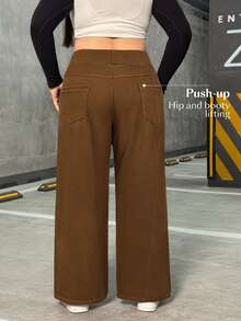 Flexra Plus Size High Stretch Knit Wide Leg Boyfriend Jeans - Coffee Brown - View 2