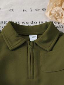 Genkimix Kids Young BoySimple Solid Gray Casual Collared Half-Zip Long Sleeve Top And Matching Pants Set, Suitable For Outings, Leisure, And Daily Sports Wear