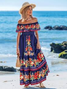 Sylviya Floral Print Off Shoulder Ruffle Hem Dress,Vacation - Blue - View 5