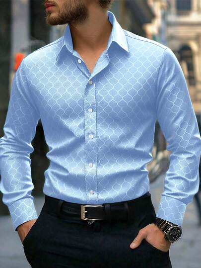 Manfinity Mode Men's Fashion Casual Business Commuting Men's Stand-Up Collar Solid Color Button Long Sleeve Shirt, Men's Formal Shirt, Men's Solid Color Shirt. Suitable For Daily Wear, Commuting To Work, Going Out, Party, Can Be Paired With Suit Pants Or Suit Suits To Attend Parties, Weddings, Honeymoon Scenes. Can Be Given As A Gift To Sons, Husbands, Boyfriends, Fathers, For Fall Business Casual Men Shirt Blue Dress Shirt For Men Men's Luxury Shirts Baby Blue Shirt Men Blue Designer Shirt