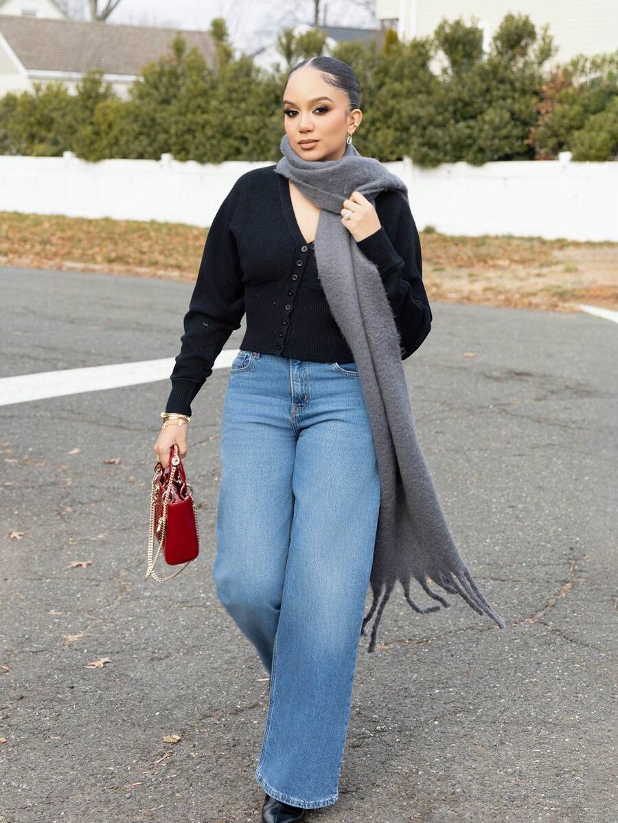 Melissa Matos 针织V领纽扣罗纹腰带收口开衫，春季Y2K 90年代休闲可爱秋季冬日日常办公圣诞节感恩节时尚