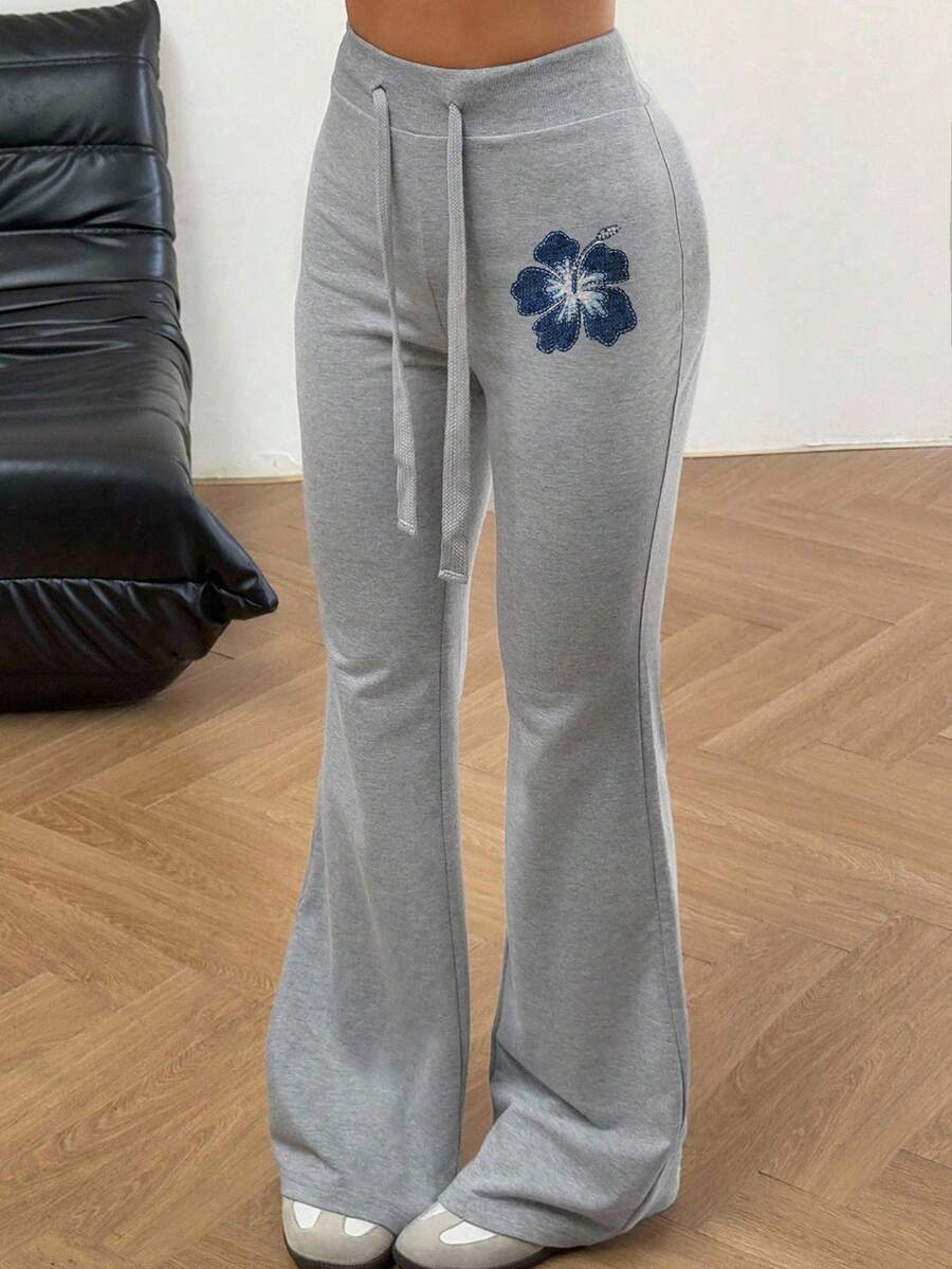 SHEIN 少女休闲高腰紧身针织印花打底裤,适合户外穿着,秋冬季百搭 - 灰色 - 查看 1
