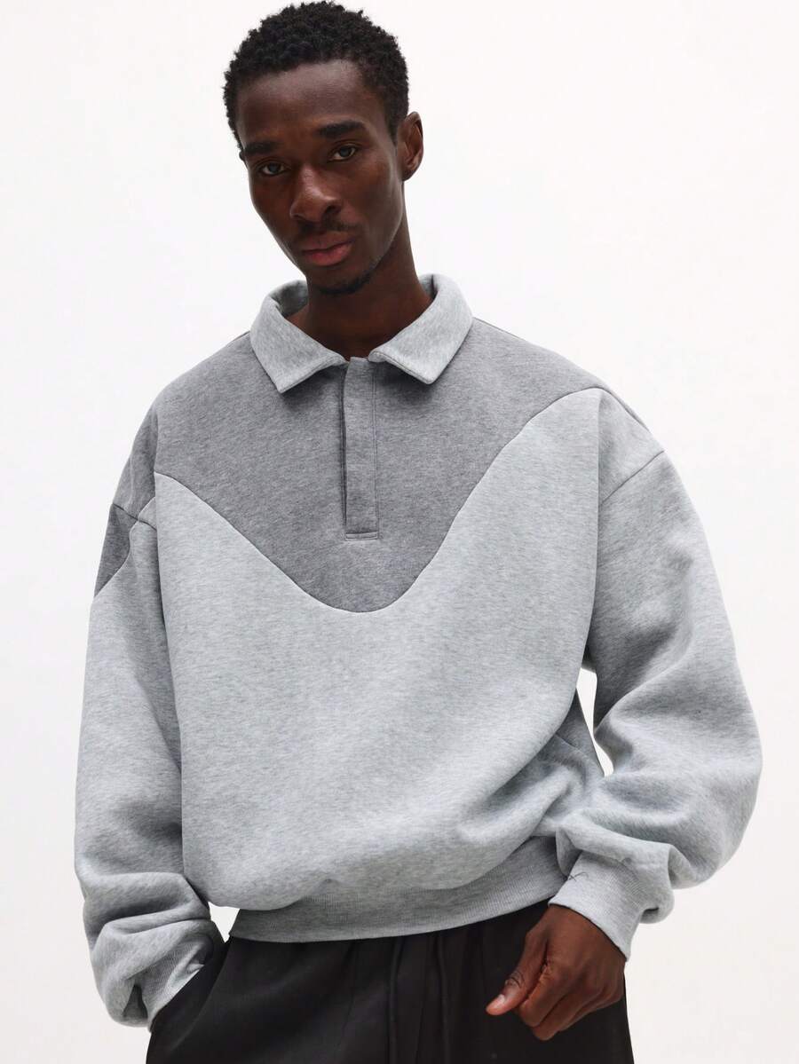 SUMWON Oversized Color Block Long Sleeve Crew Neck Sweatshirt With Layered Collar Design Winter Pullover Plain - Grey - View 1