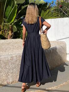 Livesso Women's V-Neck Waist Cinched Mid-Length Dress, Short Sleeve Vacation