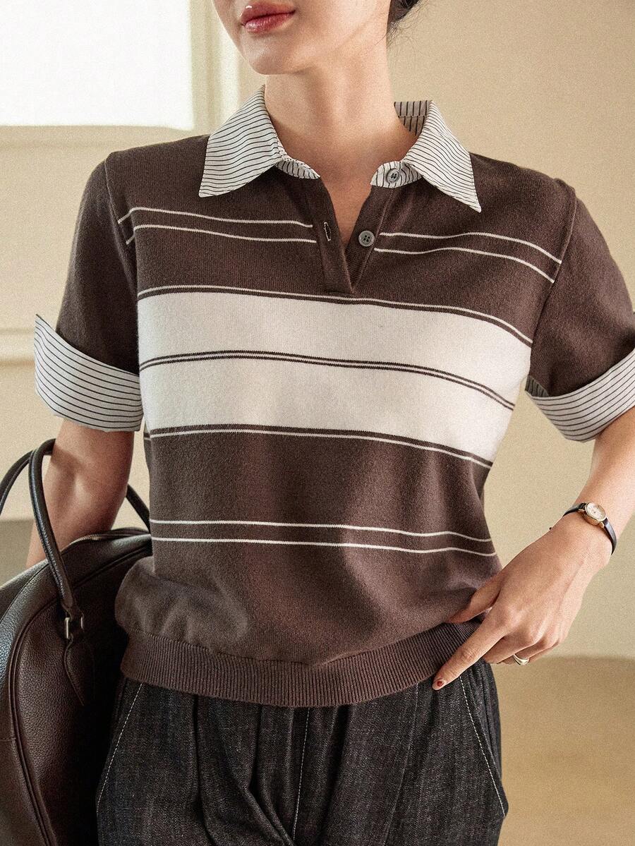 Dazy-Less Women's Casual Everyday Office Commute Contrast Stripe Pattern Polo Collar Roll-Up Sleeve Knit Top Business Casual Woman - Brown - View 1