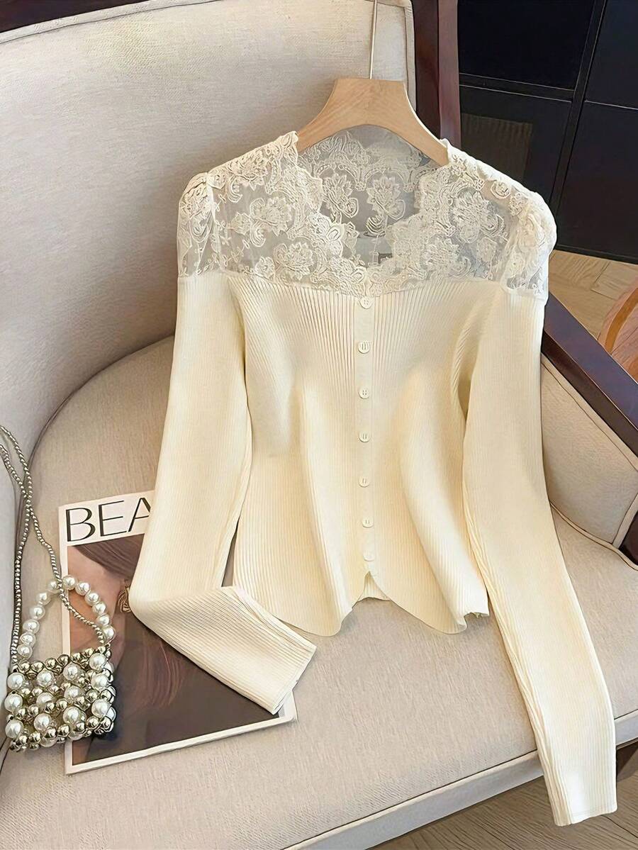 Cévolie Casual Beige Lace Patchwork Long Sleeve Women T-Shirts - Beige - View 1