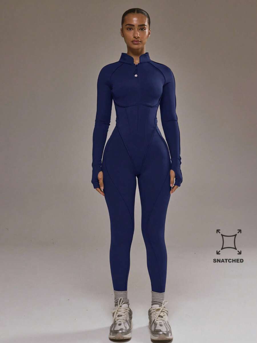 Musera Sport Bộ jumpsuit dài tay ôm sát, khóa kéo phía sau, viền tương phản, dành cho tập luyện thể thao mùa đông, Padel. - Màu xanh hải quân - Xem 1