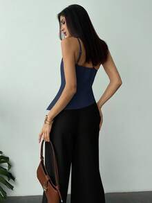 Firerie 新款优雅杏色亚麻不对称下摆褶皱腰部露背休闲衬衫，春夏款 - 藏蓝色 - 查看 2