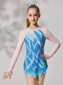 Bộ đồ thể thao liền thân cho bé gái tuổi teen, có các mảng lưới, họa tiết hoa màu xanh dương, mềm mại và thân thiện với da, phù hợp cho thể dục dụng cụ, múa ba lê, yoga, tập luyện thi đấu, đồ tập nhảy co giãn. - Màu xanh nhạt - Xem 4