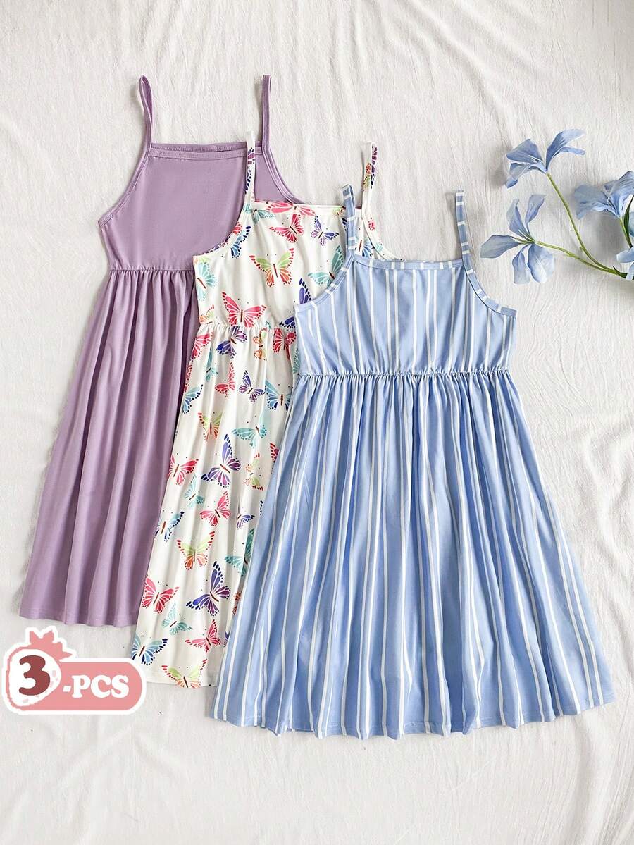 Vintaside Kids Girls' 3-Piece Camisole Dress Set, Elastic Leopard Print & Striped Sleeveless Dress, Perfect For Summer Vacation Parties With Multi-Color Casual Collars, Color Blocking, Leopard Print, Floral Prints, Camisole Vest Embellishment, Medium Elasticity - Multicolor - View 1