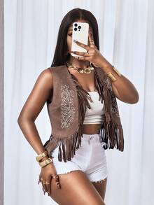 BamGleam Women's Vest Waistcoat, Retro Embroidered Tassel Design, Regular Fit Jacket For Travel & Vacation - Coffee Brown - View 4