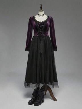 EDITION Gothic Dark Queen Style Witch Halloween Outfit, Deep V-Neck Lace Trim Velvet A-Line Plus Size Dress