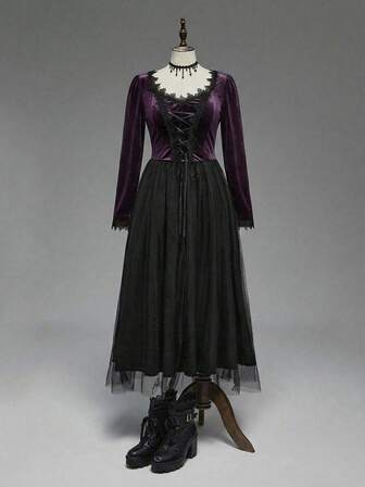 EDITION Abito stile gotico da regina oscura per Ognissanti, vestito in velluto a-line con scollo a V profondo e bordi in pizzo, taglie comode