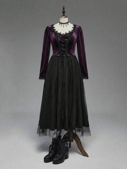 EDITION Gothic Dark Queen Style Witch Halloween Outfit, Deep V-Neck Lace Trim Velvet A-Line Plus Size Dress