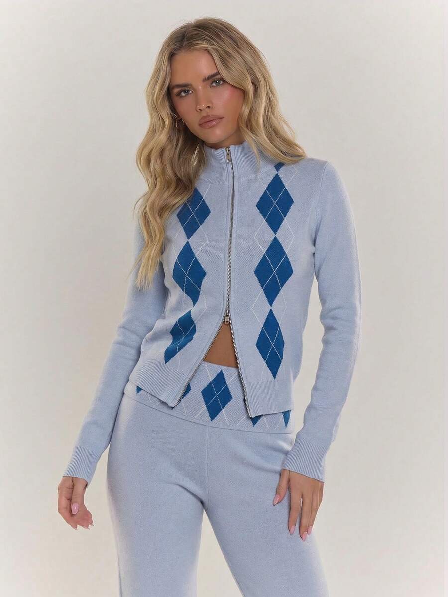 MUSERA 修身拉链高领菱格纹针织长袖开衫，舒适休闲日常套头衫，适合秋季、冬季、春季和复活节穿着。 - 淺藍色 - 查看 1