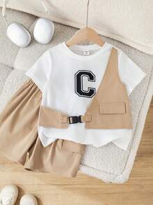 SHEIN Little Byeori Bộ 2 món gồm áo thun cổ tròn và quần short kaki dáng rộng, thích hợp cho bé trai, phù hợp mặc hàng ngày, thể thao, dã ngoại, đi học, tụ họp, lễ hội, biểu diễn và chụp ảnh. - Màu Khaki - Xem 5