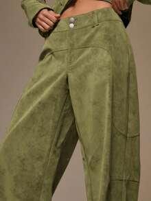 MUSERA Suedette Seam Detail Wide Jean Trousers Cool Girl, Streetstyle, Cute, , ,  Casual Summer - Olive Green - View 6