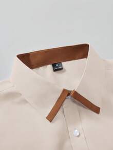 Calvornis Men's Casual Business Commuter Long Sleeve Shirt With Emblem Decor, Spring/Autumn Beige Shirt, Formal, Ceremony - Apricot - View 5