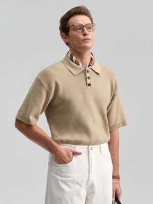 Officeau 休闲男女通用纯色简约商务风针织套头衫，V领短袖毛衣，春夏款 - 駝色 - 查看 6