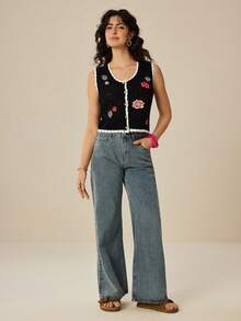 Felipe Marques Women's Floral Embroidery Sleeveless Cardigan, Waist Cinched, Casual Bohemian Style, Suitable For Autumn, Winter, Spring - Black - View 4