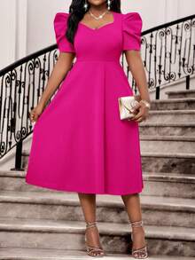 SHEIN Lady 春夏优雅通勤/办公室/派对/婚礼/鸡尾酒会/音乐会/音乐节红色针织甜心领喇叭袖羊腿袖中长短袖大码连衣裙/生日/活动礼服/婚纱/节日礼服/夏季女装/夏季连衣裙/婚礼宾客礼服/女士生日装/生日派对服装/女士节日服装/女士音乐会服装/女士邮轮服装 - 玫紅色 - 查看 6