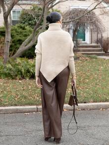 Melissa Matos 女士新款露肩裹身长款毛衣，乳白色，秋冬 - 米色 - 查看 2