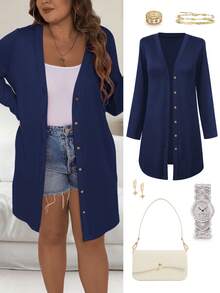 EMERY ROSE 大码纯色前扣长袖休闲夹克 - 藏蓝色 - 查看 7