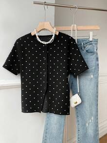 SHEIN EZwear 女士全印花前扣优雅黑色短袖开衫 - 彩色 - 查看 5