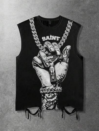 Street Life Canotta casual versatile da uomo con scollo rotondo, stampa a lettere e palme, adatta per il pendolarismo