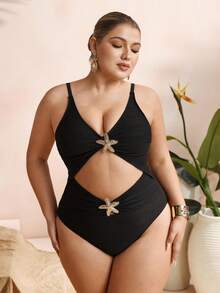 Swim Oasis 新款欧美风黑色露背镂空腰部连体泳衣，海星水钻装饰性感泳装，搭配同款长款罩衫，水疗度假泳装套装 - 黑色 - 查看 13