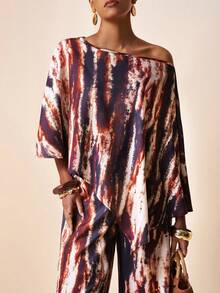 Zivah Women's Tie-Dye Print Asymmetric Hem Top And Wide Leg Pants Fashion 2 Pieces Set - Brown - View 7