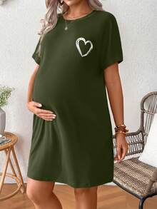 SHEIN Pregnant Women's Casual Everyday Commute Heart Print Loose Pocket Dress, Summer Tshirt Dress Women Maternity Dress Casual Heart Dress Olive Dress - Dark Green - View 5
