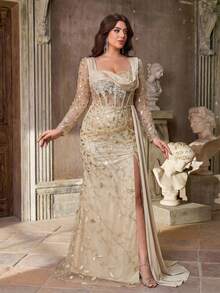 Aureia Đầm dạ hội cỡ lớn sang trọng, thanh lịch, tay dài, thêu ren đính sequin xuyên thấu, phối ren, satin, xẻ tà cao đến đùi, dáng đuôi cá với bèo nhún hai bên, thích hợp cho đám cưới, tiệc độc thân, kỳ nghỉ, dạ hội, các dịp trang trọng (đính kết cầu kỳ), Ngày Valentine. - Màu be - Xem 6