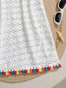 SHEIN Vintaside Kids Cubrecosturas para niñas preadolescentes, traje de baño para niños, cubrecosturas de talla media-grande para niñas, tela de malla jacquard, decoración con flecos de colores, cubrecosturas transparentes de manga corta, traje de baño para playa y fiesta - Blanco - Ver 5